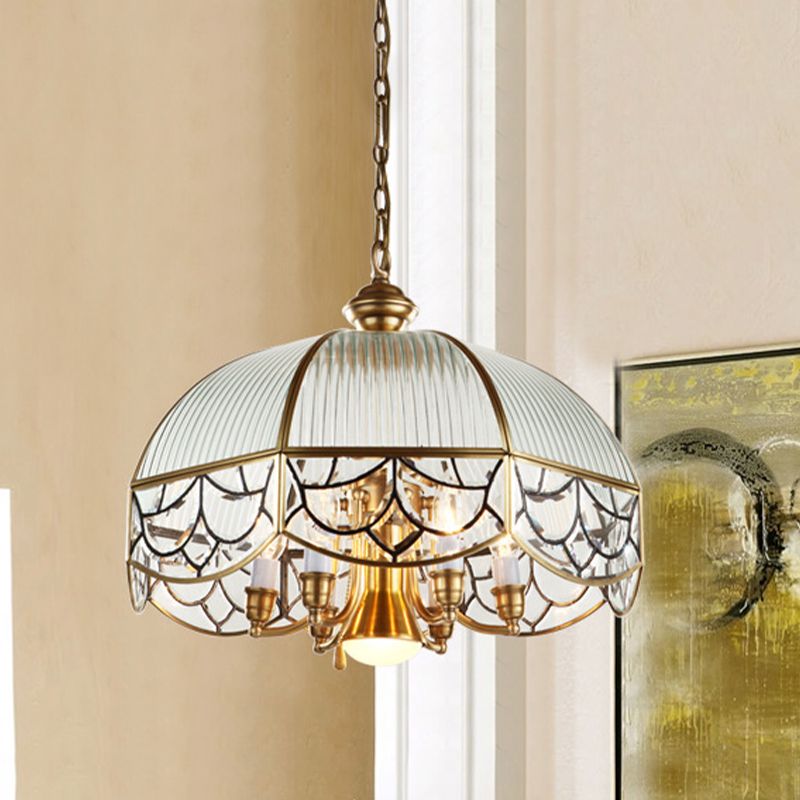 Prismatic Glass Gold Chandelier Lamp Scalloped 7-Bulb Colonial Hanging Light with Pull Chain Switch