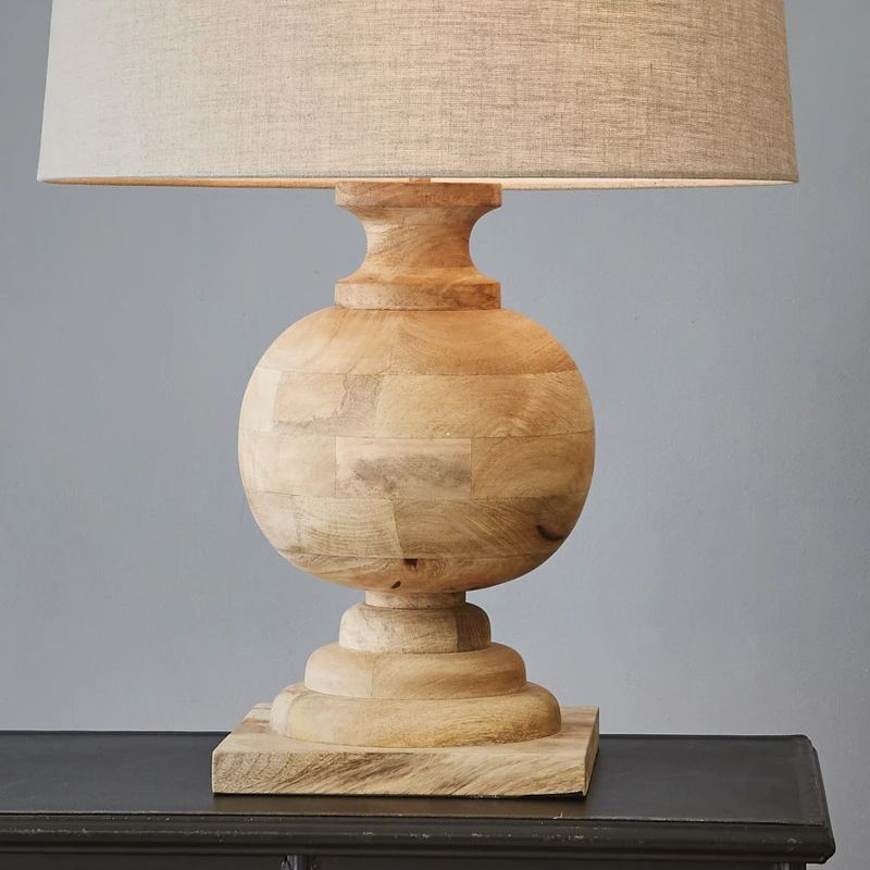 Round Fabric Table Lamp Classic 1 Light Bedroom Nightstand Light with Ball Wood Base