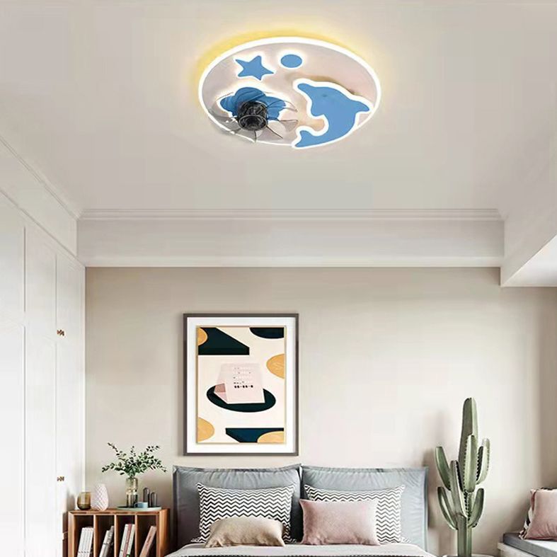 Round Kids Bedroom Ceiling Fan Lamp Metal Cartoon Style LED Semi Flush Light