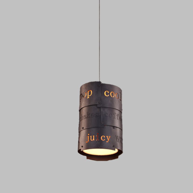 1 Light Metal Hanging Light Kit Industrial Black Cylinder Restaurant Lettering Suspended Pendant Lamp