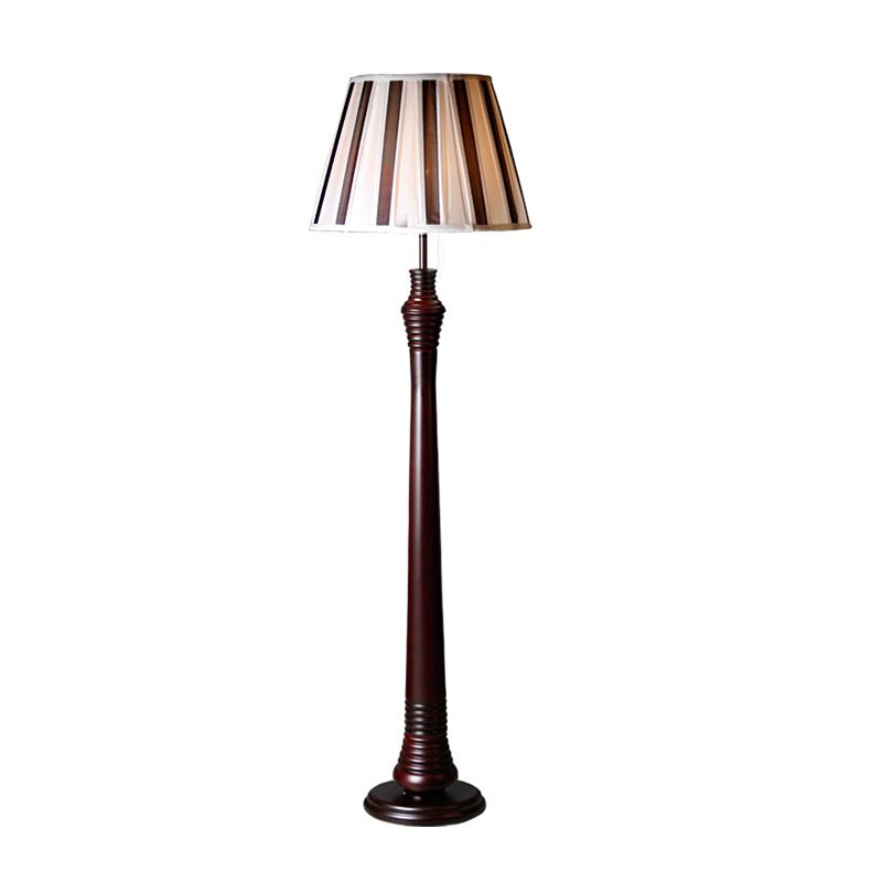 Brown 1-Bulb Standing Lamp Antique Style Fabric Pleated Tapered Shade Floor Light for Study Room