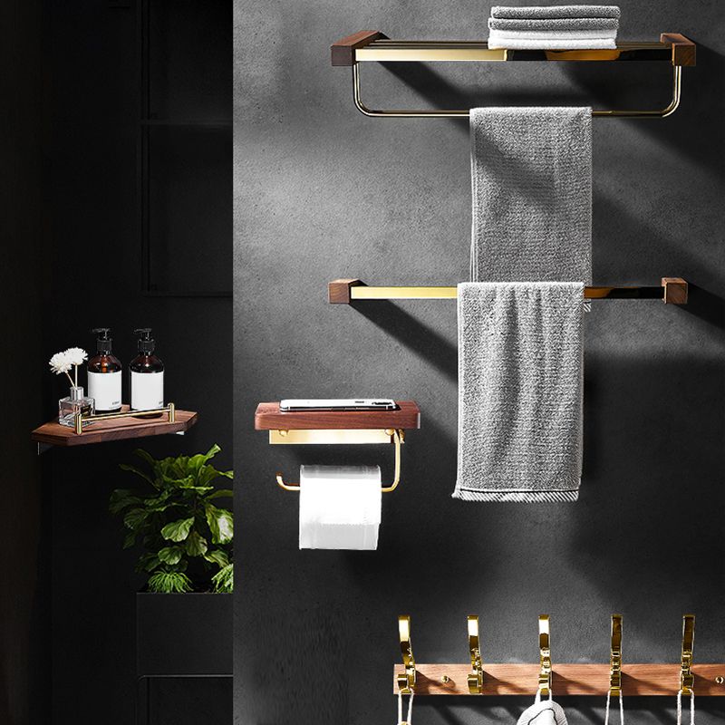 Polished Brass Bathroom Hardware Set Metal & Wood Bathroom Set with Bath Shelf/Towel Bar