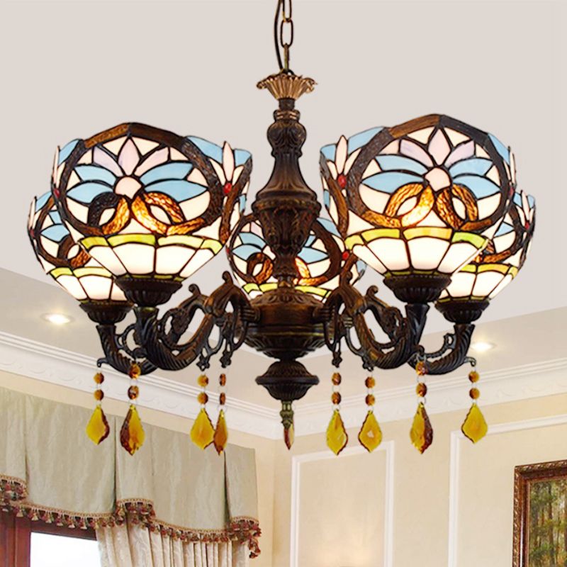 5 Heads Bowl Hanging Light Tiffany Style Stained Glass Chandelier Light with Crystal in Blue for Living Room