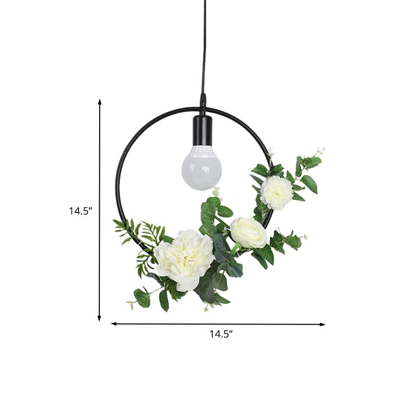 1 Glühbirne Künstliche Blumendecke Anhänger Haftstil Schwarzes Eisen -Down -Beleuchtung mit Dreieck/rund/quadratischem Rahmen