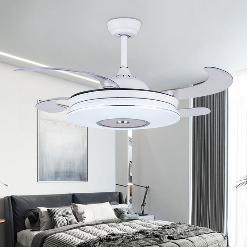 36" W White LED Ceiling Fan Light Minimalism Metal Round Semi Mount Lighting with 4 Blades for Living Room, Remote/Wall Control/Remote and Wall Control