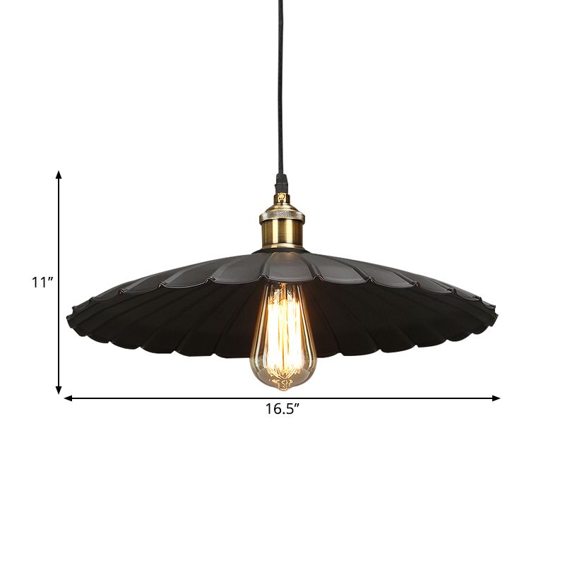 1-Light Hanging Ceiling Light Warehouse Dining Room Pendant Lamp with Scalloped Metal Shade in Black