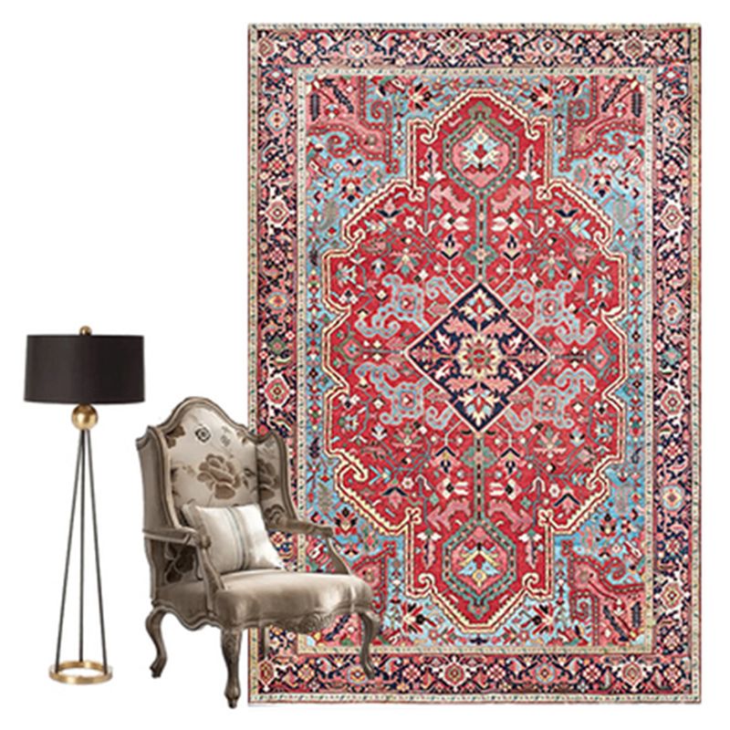 Nostalgia Ethnic Floral Print Rug Red Tone Polyester Area Carpet Stain Resistant Rug for Living Room