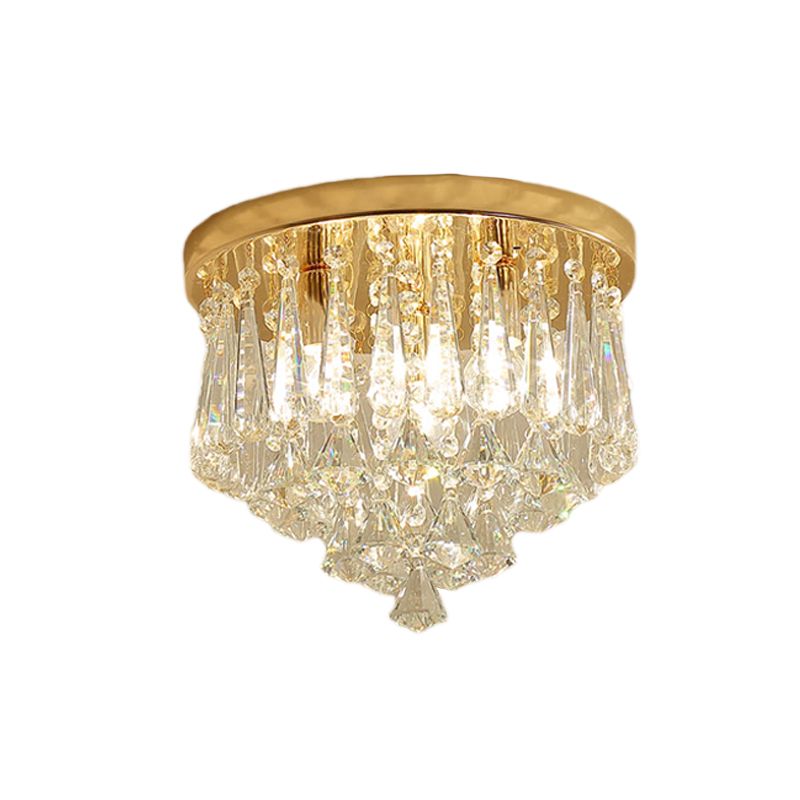 4-Light Crystal Flush Mount Lamp Modern Gold Cone Corridor Ceiling Light Fixture