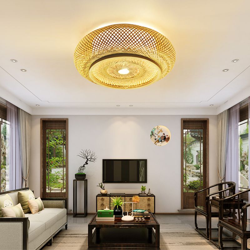 Asian Style Bamboo Flush Mount Lighting Rounded Drum Ceiling Light for Living Room