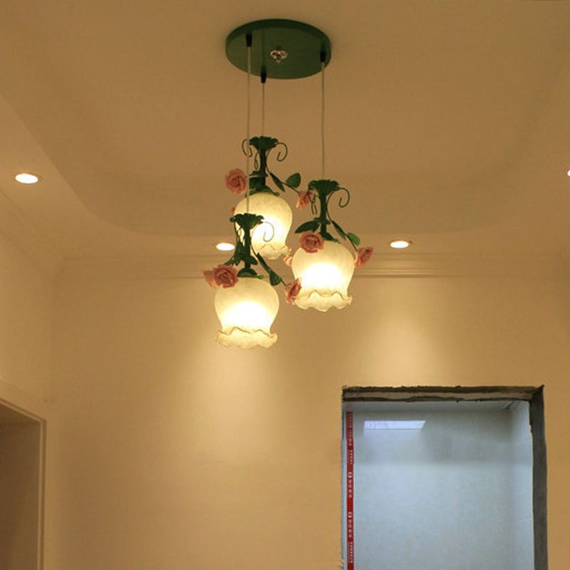 Flower White Glass Cluster Pendant Pastoral 3 Heads Dining Room LED Hanging Ceiling Light