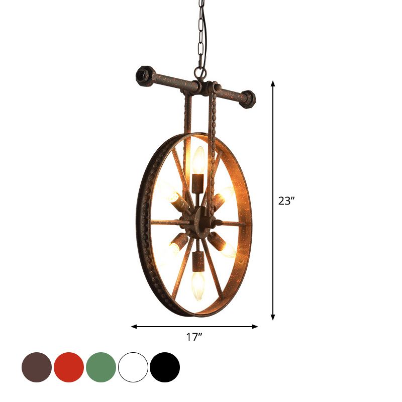 Lampe de lustre à roue métallique décor 6 lumières blanc / noir / rouille pendant plafond pour restaurant