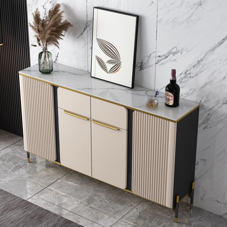 Glam Style Credenza Stone Adjustable Shelving Side Board with Cabinets and Drawers