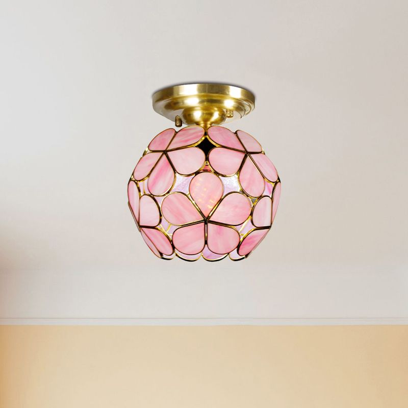 Single Light Flower Ceiling Fixture Victorian White/Pink/Orange Stained Glass Semi Mount Lighting