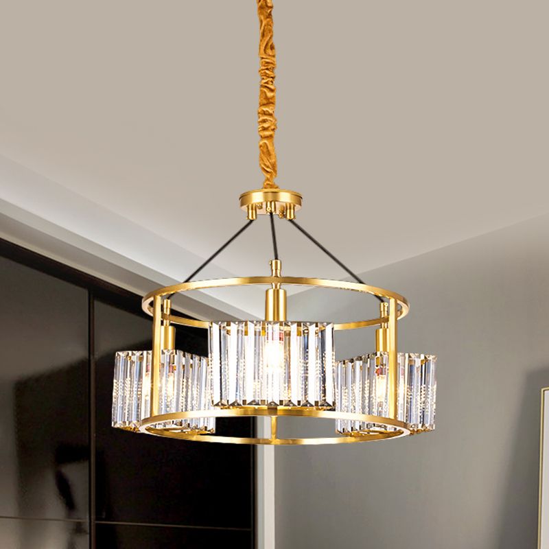 Crystal Blocks Clear Ceiling Chandelier Drum Metal Frame 3 Heads Modern Hanging Light Kit in Gold