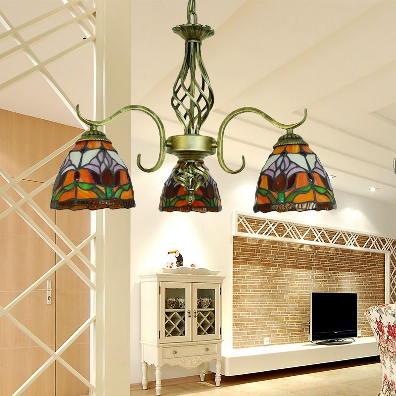 Dome Restaurant Hanging Lamp with Flower Stained Glass 3 Lights Tiffany Rustic Chandelier in Orange