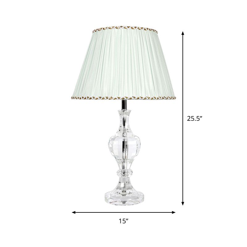 White Pleated Shade Table Lamp Contemporary 1-Light Beveled Crystal Prism Nightstand Light