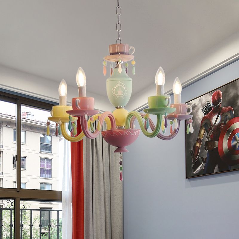 Macaroon Cup Crystal Chandelier 5/6 Lights Pendant Lighting Fixture in Blue-Yellow-Green-Pink