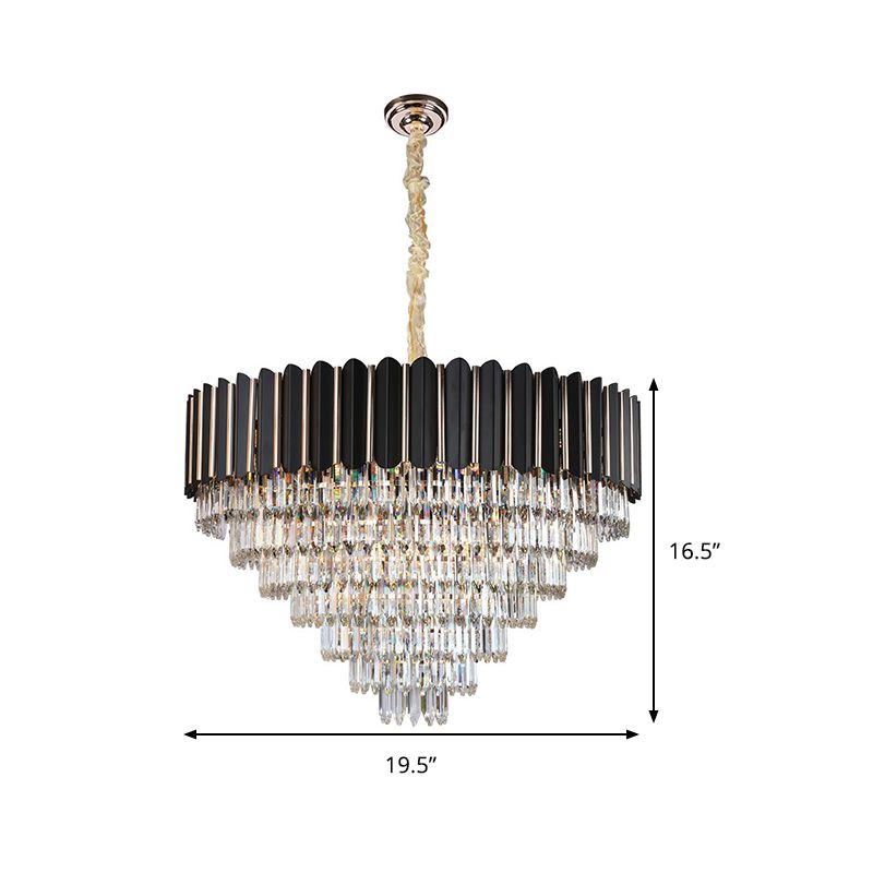 Faceted Crystal Round Shade Chandelier Light with Metal Sheet Modern Multi-Light Ceiling Pendant Light in Black