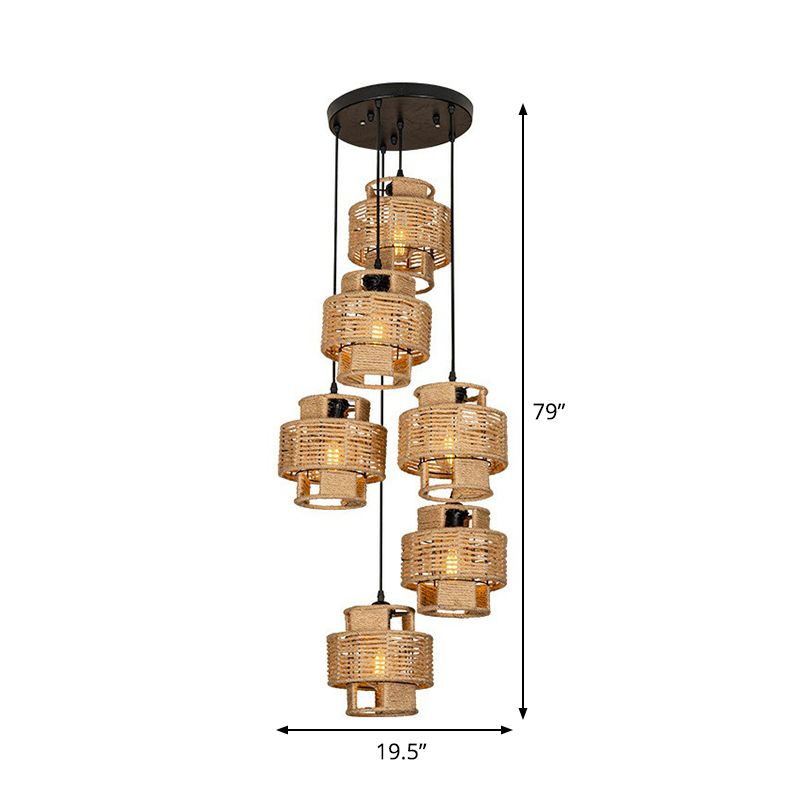 Lodge Style Round/Linear Canopy Pendant 3/6 Lights Roped Hanging Ceiling Light with Double Shade in Brown