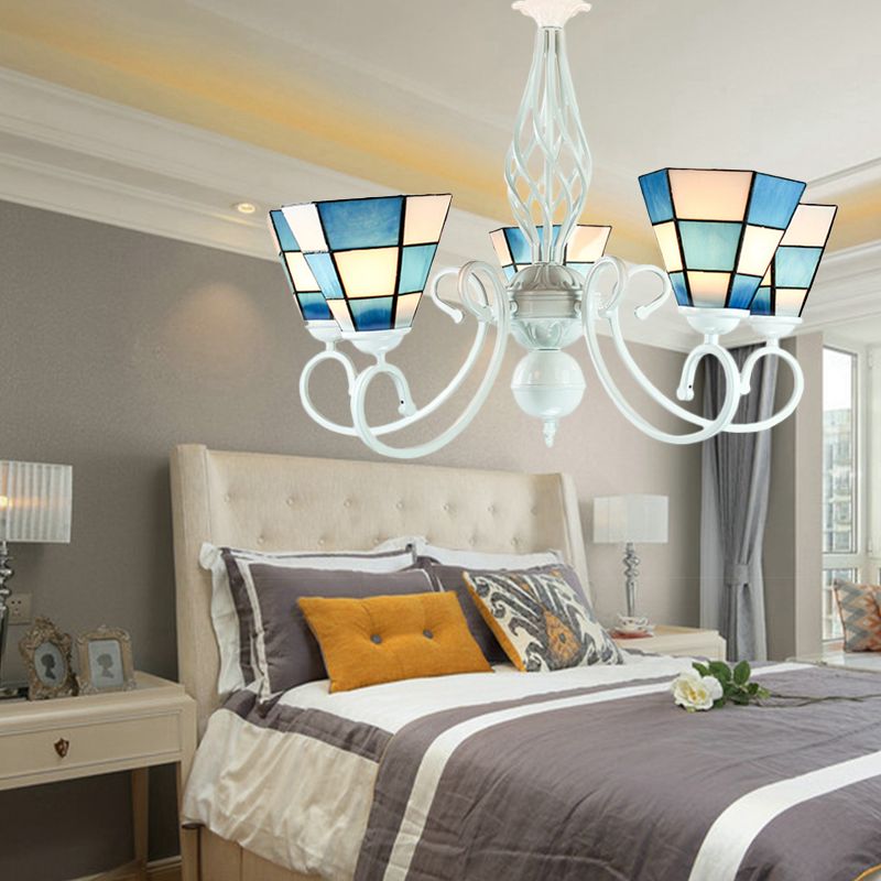 Cone Hanging Ceiling Light Mosaic Modern Style 3 Lights Glass Chandelier in Blue for Dining Room