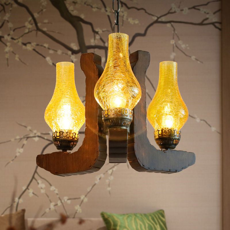 3-Light Crackle Glass Hanging Chandelier Vintage Yellow Vase Living Room Pendant Light Fixture with Wood