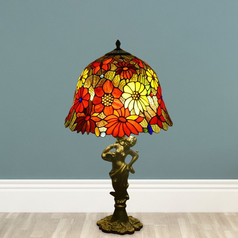 3 Heads Bell/Scalloped Night Lighting Baroque Gold Stained Glass Flower Patterned Task Lamp with Resin Naked Woman