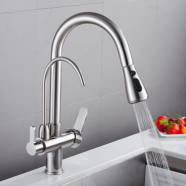 1 Hole Kitchen Faucets Metal Pulldown Sprayer Kitchen Faucet with Double Handles