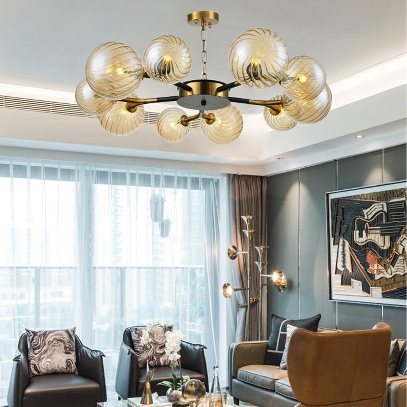 Retro Global Chandelier Pendant Light Amber Glass 10 Lights Hanging Ceiling Light for Living Room