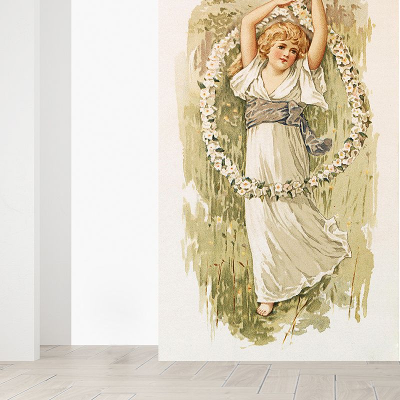 Classic Maiden and Wreath Mural Wallpaper Brown Character Portrait Wall Covering