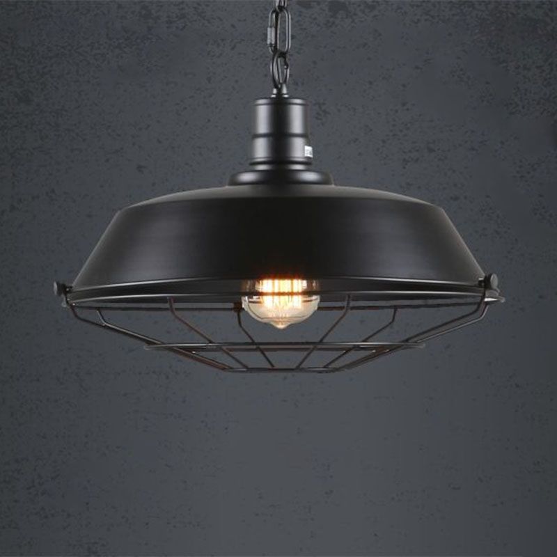 Industrial Hanging Lamp Vintage Pot Lid Iron Lighting Pendant with Cage Bottom in Black