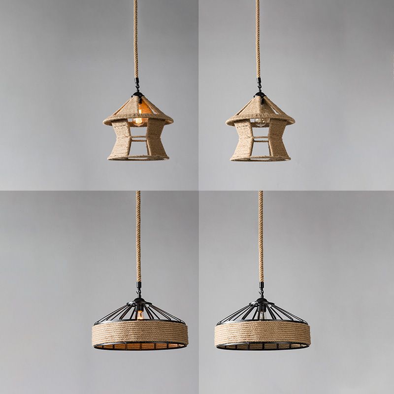 Industrial Style Shaded Pendant Lighting Fixture Rope Pendant Light Fixture in Beige