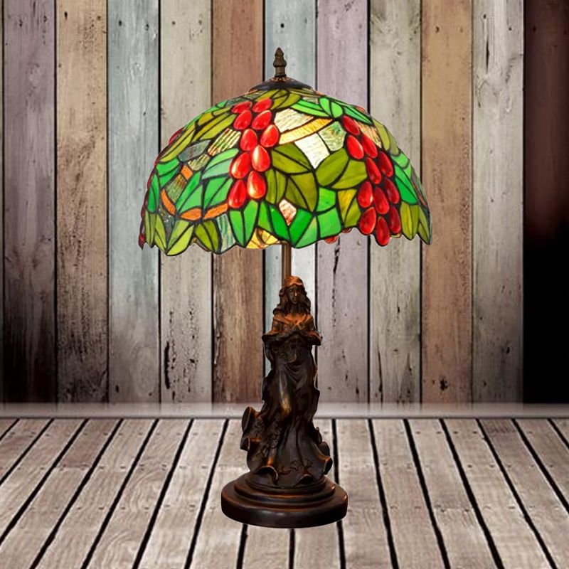 Tiffany Glass Grapes Table Lamp Baroque 1-Bulb Brown/Green/White-Brown Night Stand Light with Girl Base