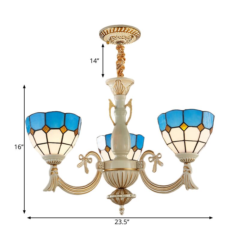 Baroque Bowl Ceiling Hanging Light with Curved Arm 3 Lights Stained Glass Chandelier in Blue