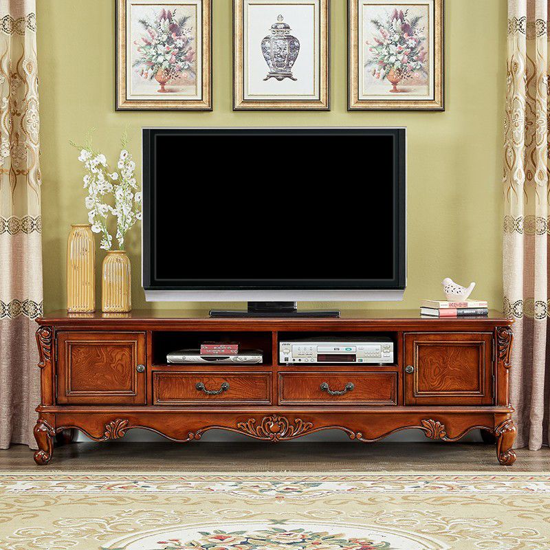 Brown Wooden TV Cabinet Traditional Style Home Living Room TV Stand Console with Drawers