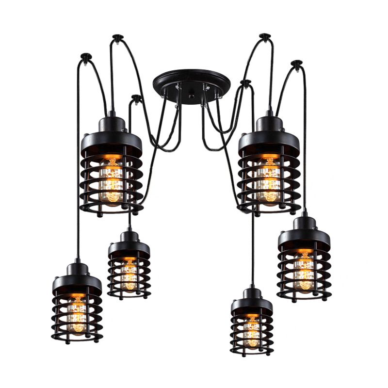 Factory Lantern Swag Pendant Light 6 Heads Metal Multi Hanging Light in Black for Living Room