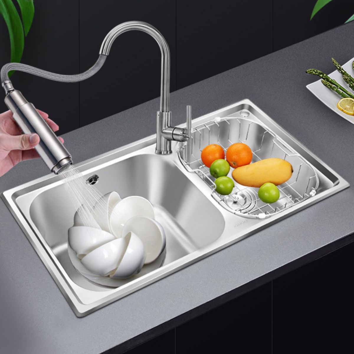 Rectangle 2 Holes Kitchen Sink Stainless Steel Double Basin Sink