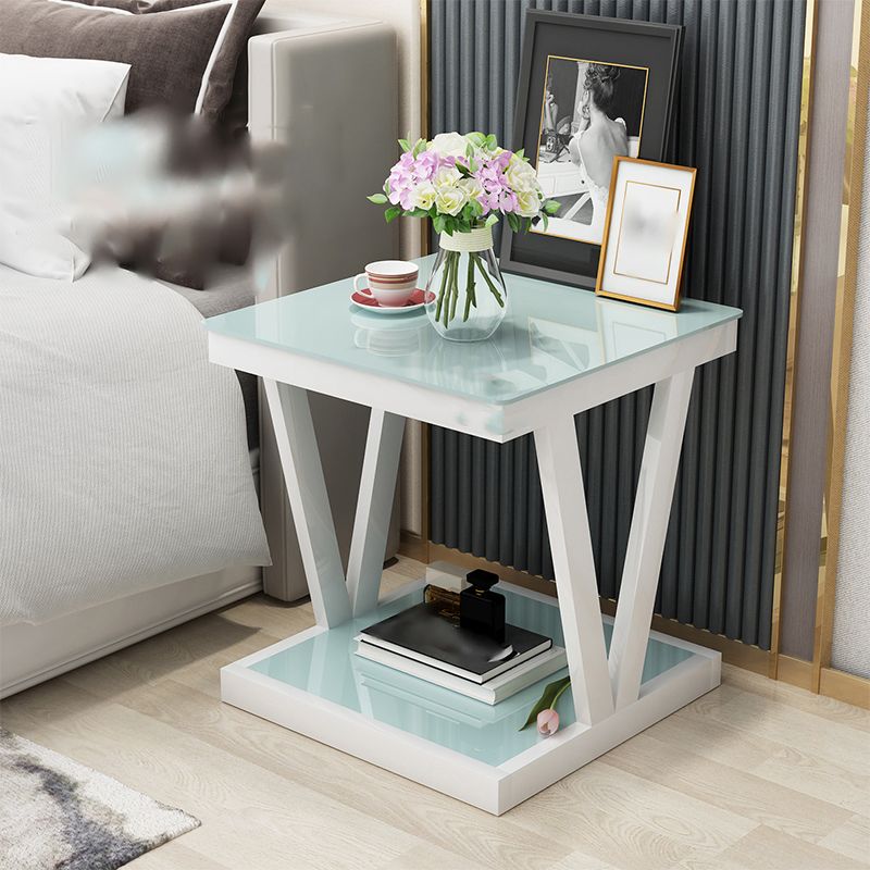 Glass Top Night Table Open Storage Steel Modern 2-Shelf Nightstand in Black/White