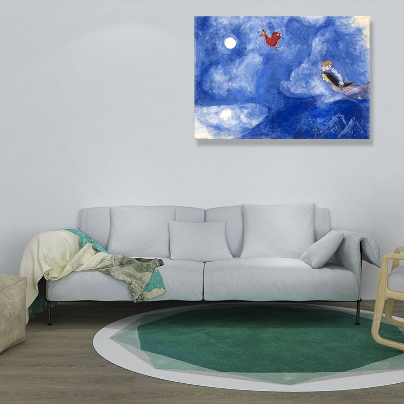 Lovers in the Moonlight Painting Country Canvas Textured Wall Decor in Blue for Living Room