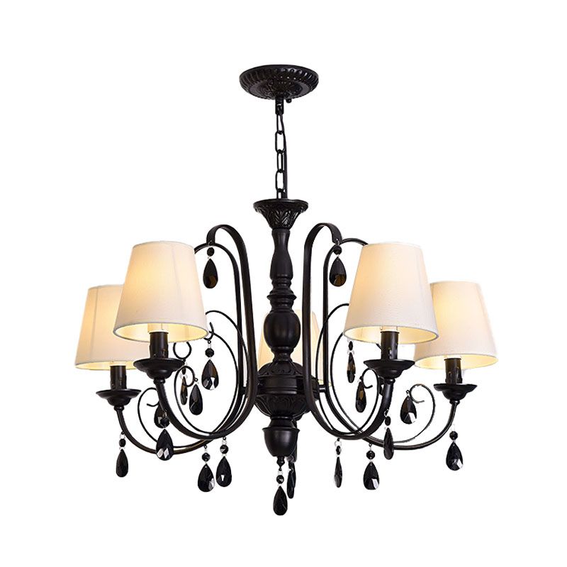 Black Finish Candle Chandelier Light Fixture Modernist Metal 5-Light Restaurant Suspension Lamp with Fabric Shade