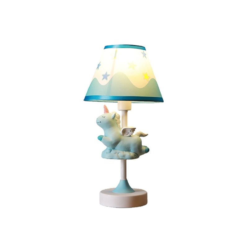 Cartoon 1 Light Table Lighting with Fabric Shade Conical Pink/Blue/Gold Unicorn Nightstand Lamp for Study Room