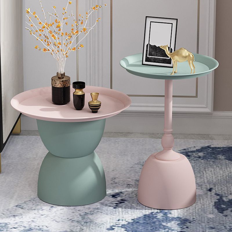 Iron Pedestal End Table Blue/ Pink Round Metal Tray Top Side End Table