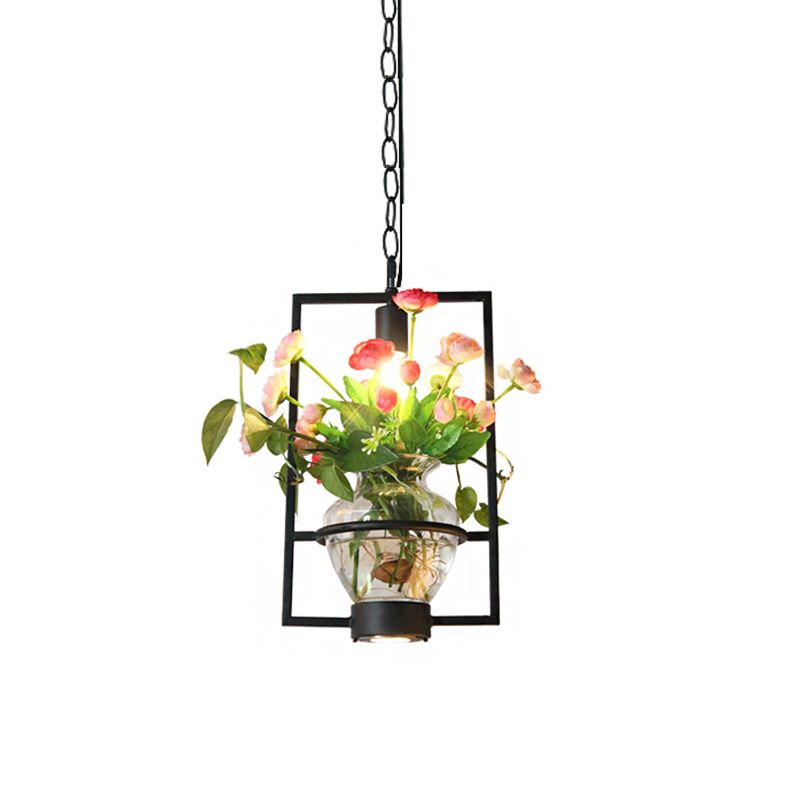 Black 1 Light Down Lighting Industrial Iron Circular/Rectangular Cage Drop Pendant with Clear Glass Plant Pot