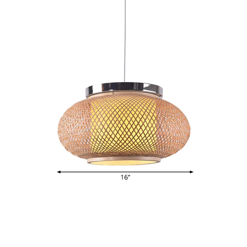 Asian Style 1 Light Hanging Lamp with Bamboo Shade Beige Rounded Drum Pendant Light Fixture, 16"/19.5" W