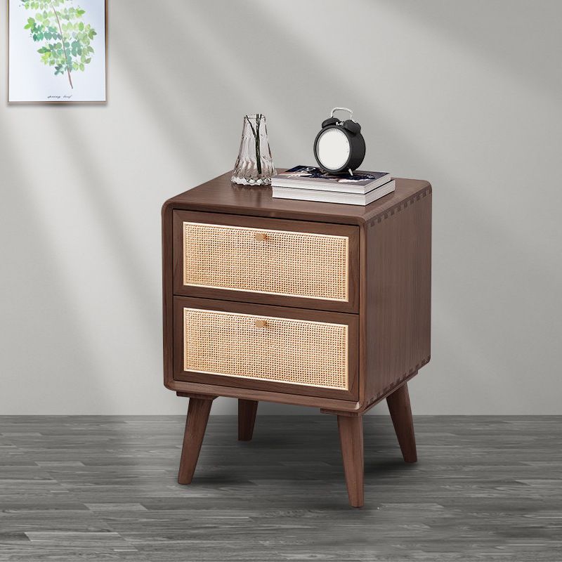 Modern Rattan and Pine Bedside Cabinet Drawer Storage Nightstand with Legs