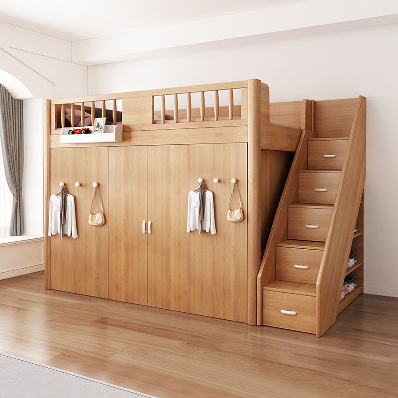 Scandinavian Wood High Loft Bed Natural Bunk Bed with Stairway and Storage