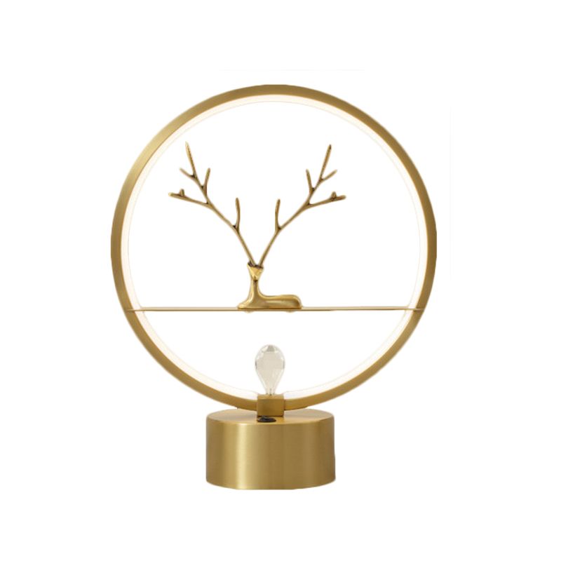 Circular Desk Light Nordic Style Metal LED Gold Night Table Lighting with Deer Design