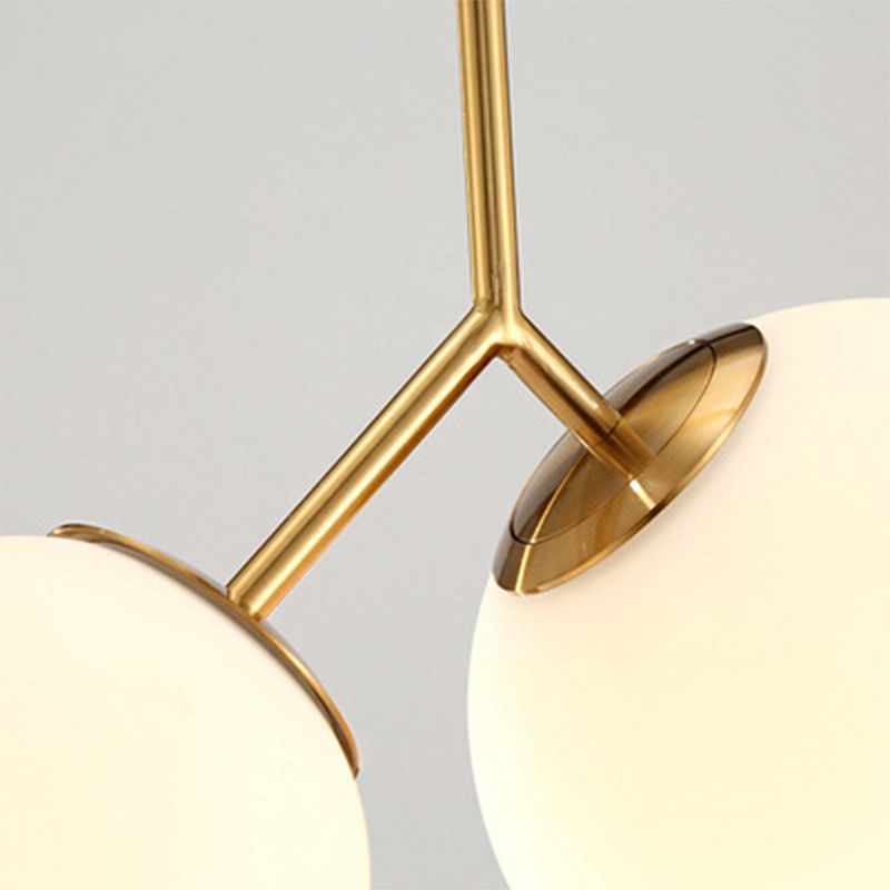 Gold Spherical Chandelier Light Modernity 2 Bulbs Milky Glass Suspension Pendant for Dining Room