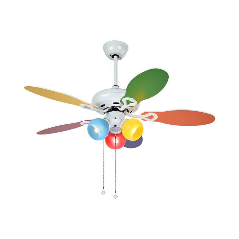 Globe Ceiling Fan Lighting Kids Style Blue-Red-Yellow Glass 3 Lights 42" W White Semi Flush Mount Lamp with 5 Multi-Color Blades