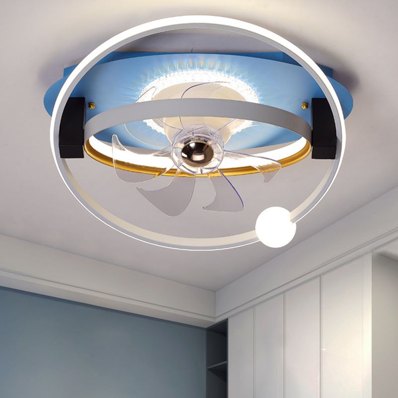 Round Shape Metal Ceiling Fans Kid Style 4 Lights Flush Ceiling Fan