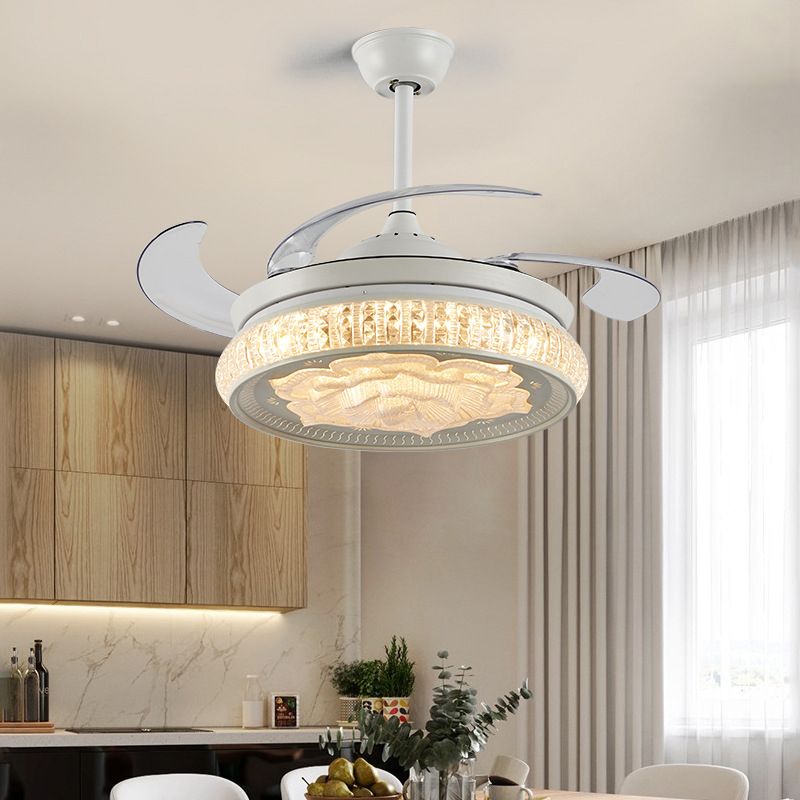 White Rose Ceiling Fan Light Simple LED Faceted Crystal Semi Flush Mount Lamp with Remote Control/Wall Control/Remote+Wall Control